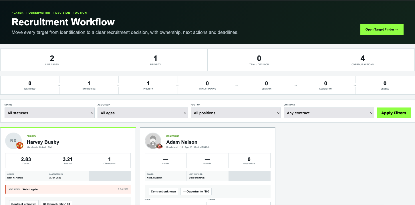 Next XI Recruitment workflow interface